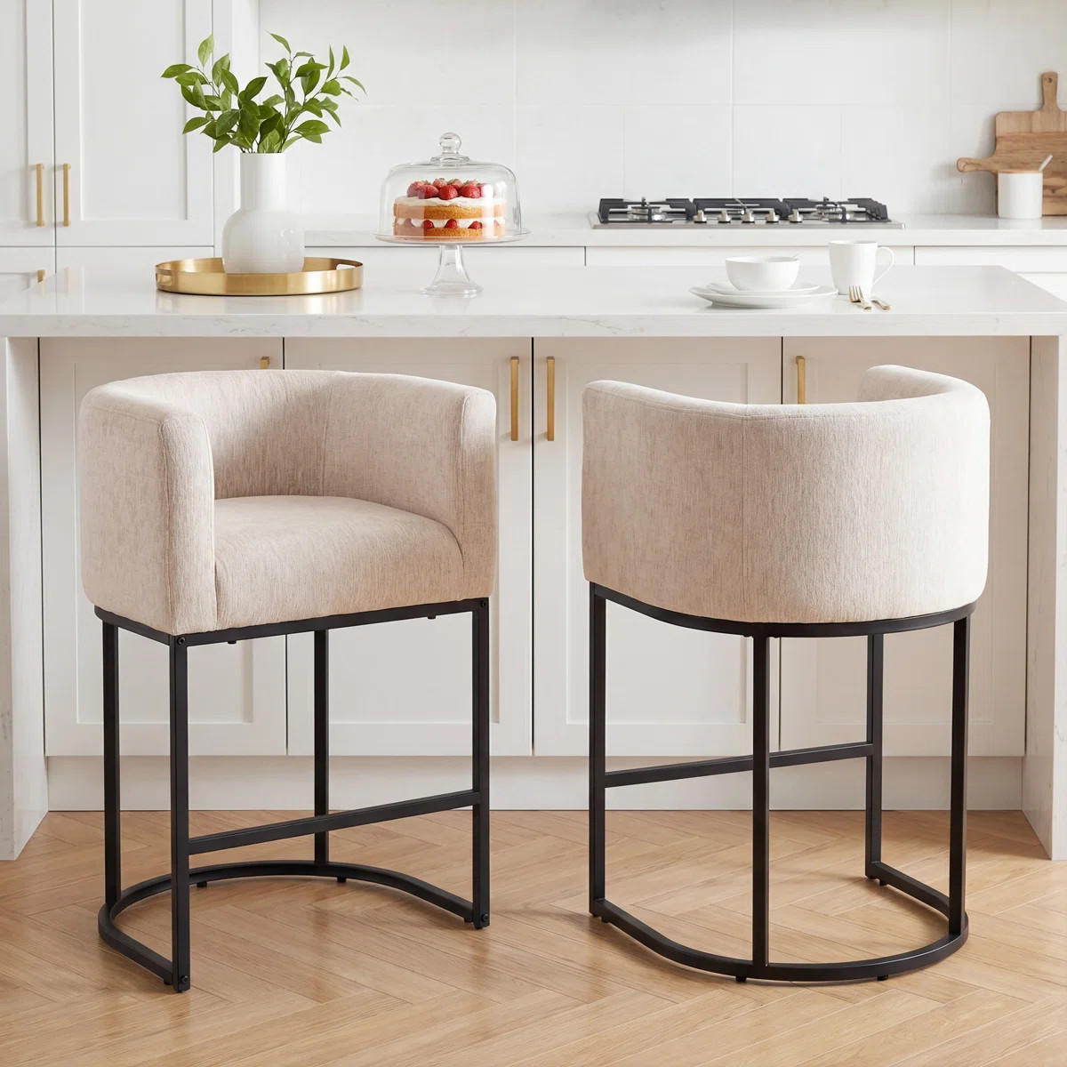 Modern Barrel Counter Stools with Backrest and Arms, Linen Fabric Upholstered Accent Barstools fo... | Wayfair North America