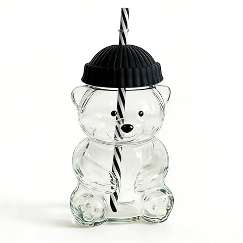 Glass Bear Cup, Bear Straw Cup, Glass Cups with Lids and Straws,Cute Mugs Bear Sippy Cups Coffee Beer Wine Cocktail Drinks Glassware for Christmas Gift,20 oz (black) | Amazon (US)