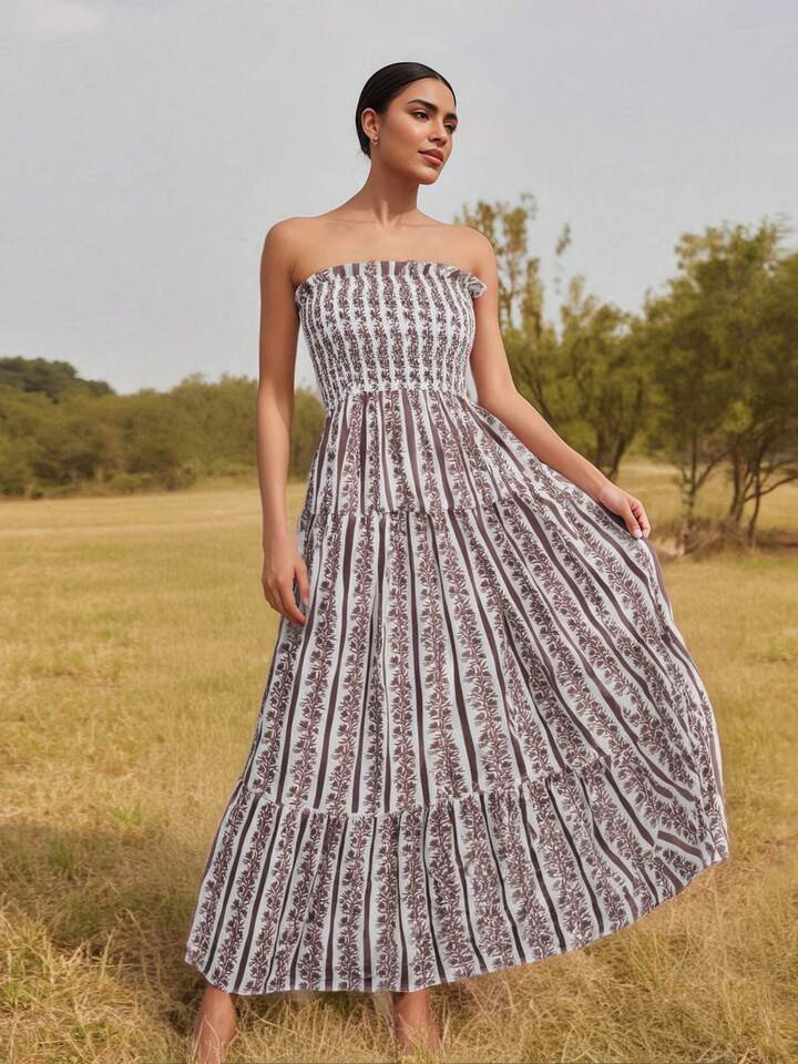 Women's Summer Strapless Maxi Dress Smocked Tube Patchwork Ruffle Wedding Guest Party Dress One Piece Tube Long Dress | SHEIN