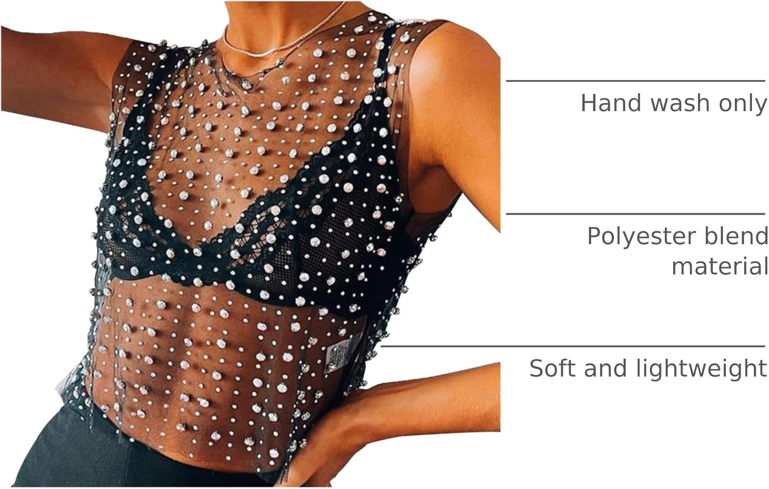 Meladyan Women Sexy Sheer Mesh Diamond Rhinestone Crop Tank See Through Hollow Out Sleeveless Cre... | Amazon (US)