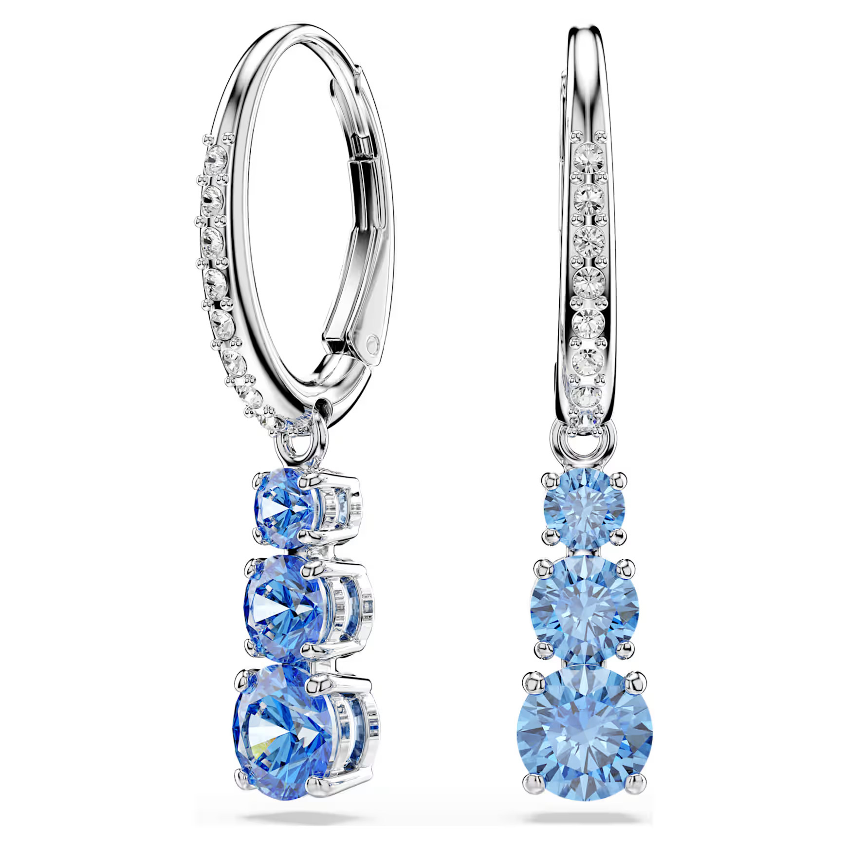 Stilla Attract drop earrings, Round cut, Pavé, Blue, Rhodium plated by SWAROVSKI | SWAROVSKI