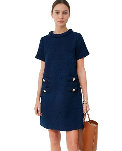 Womens Tweed Jackie Dress Elegant Crew Neck Short Sleeve Button Bodycon Mini Dress | Amazon (US)