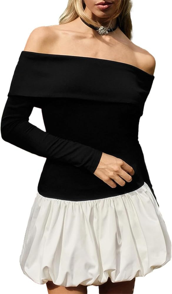 ABINGOO Women Off Shoulder Bubble Mini Dress Casual Patchwork Pleated Puff Short Dresses Elegant ... | Amazon (CA)