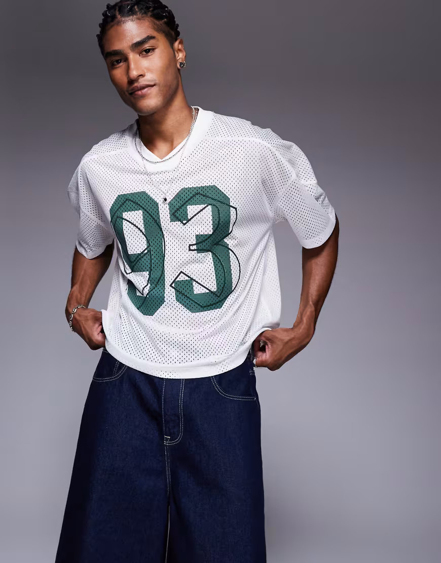 ASOS DESIGN boxy oversized t-shirt with dropped shoulder and v neck with sports graphic in ecru airtex-Neutral | ASOS (Global)