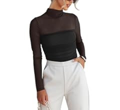 REORIA Women’s Sexy Mock Turtle Neck Long Sleeve Sheer Mesh Ruched Going Out Bodysuits Tops | Amazon (US)