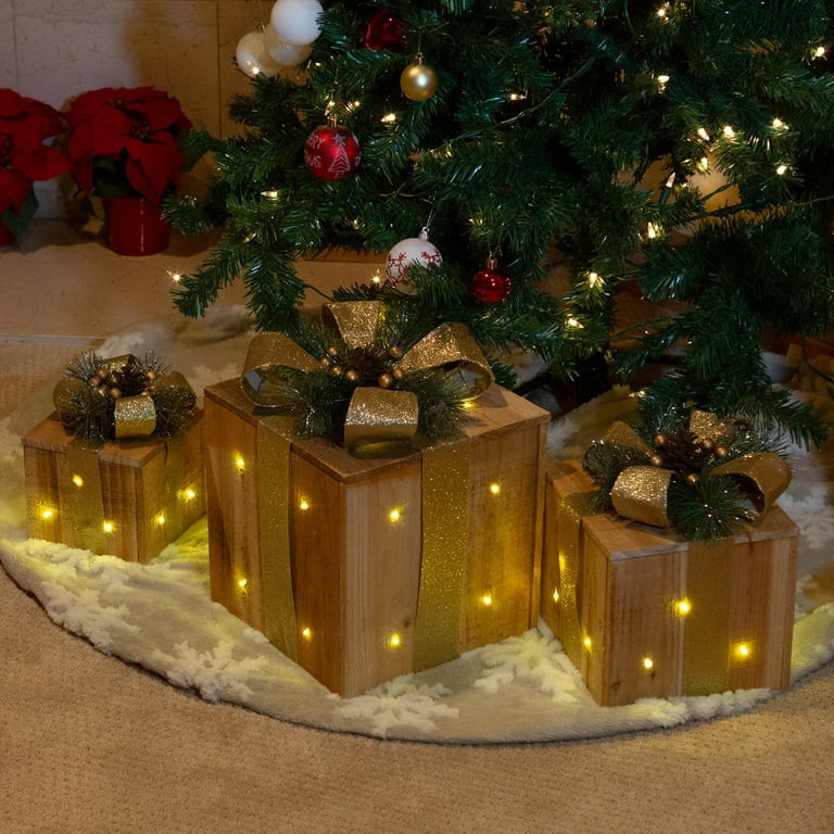 Alpine Corporation Set of 3 Assorted Size Wooden Light-Up Holiday Gift Boxes Decor, Gold | Walmart (US)