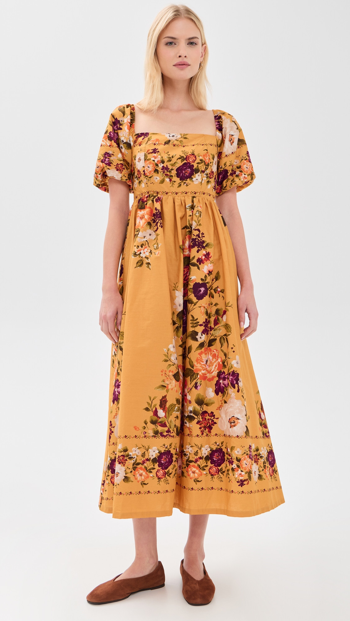 Moon River Puff Sleeve Square Neck Midi Dress Mustard Multi S | Shopbop