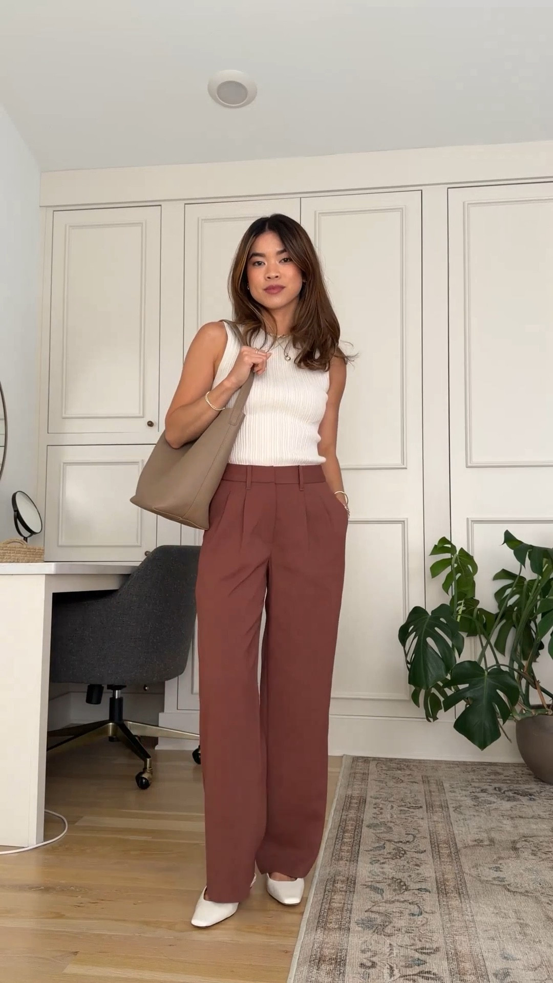 My favorite summer tank from @Quince. its lightweight, and so comfortable! 

Sizing info: 
Quince Stretch Crepe Pleated Wide Leg Pants - Size 0 28in inseam in Redwood Brown 
Quince Cotton Cashmere Ribbed Tank - XS in Heather Oatmeal

 petite fashion, get dressed with me, outfit inspiration, ootd, nashville outfit, Nashville influencer, petite style, vacation style, casual outfits, mom style, petite pants, spring outfits, spring outfit info, spring pants, spring outfit idea, spring top, summer pants, quince pants, work pants, spring tank, spring shoes, petite trousers, kitten heels, quince tank, summer tank, work outfit, summer work outfit,  

 

#LTKootd #LTKSeasonal #LTKPetite