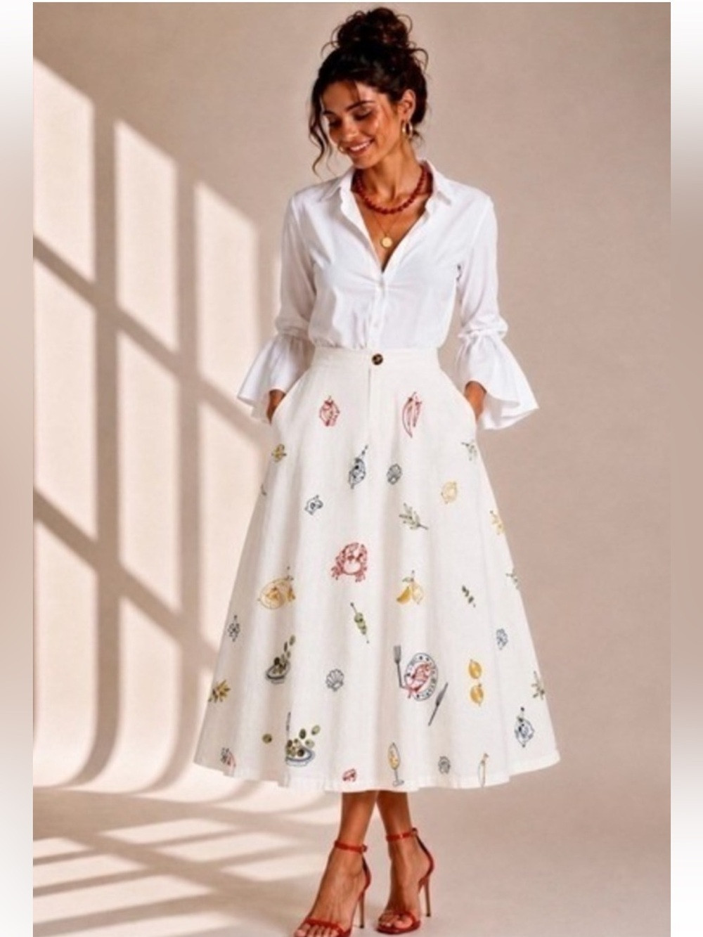 Caroline Constas Seafood Olives Fish Embroidered Linen Midi Maxi Skirt Size 6 | Poshmark