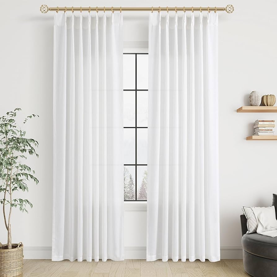 White Linen Curtains 84 Inches Long for Living Room Pinch Pleat with Hooks for Track System Back ... | Amazon (US)