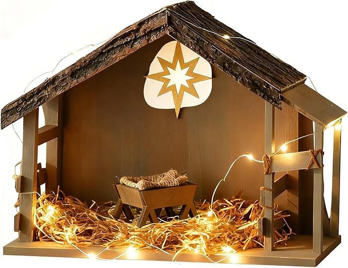 Nativity Stable with LED Lights: 15.6 x 11.02 Inch Christmas Wooden Manger Creche for 7 & 8 Inch ... | Amazon (US)