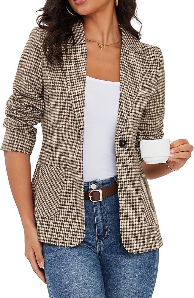 ELLEVEN 2025 Women's Houndstooth Plaid Blazers with Embroidered Collar, Business Casual Work Offi... | Amazon (US)