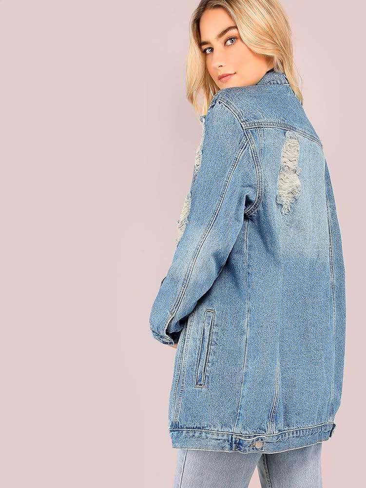 Floerns Women's Oversized Denim Jacket Long Boyfriend Distresse Jean Jacket | Amazon (US)