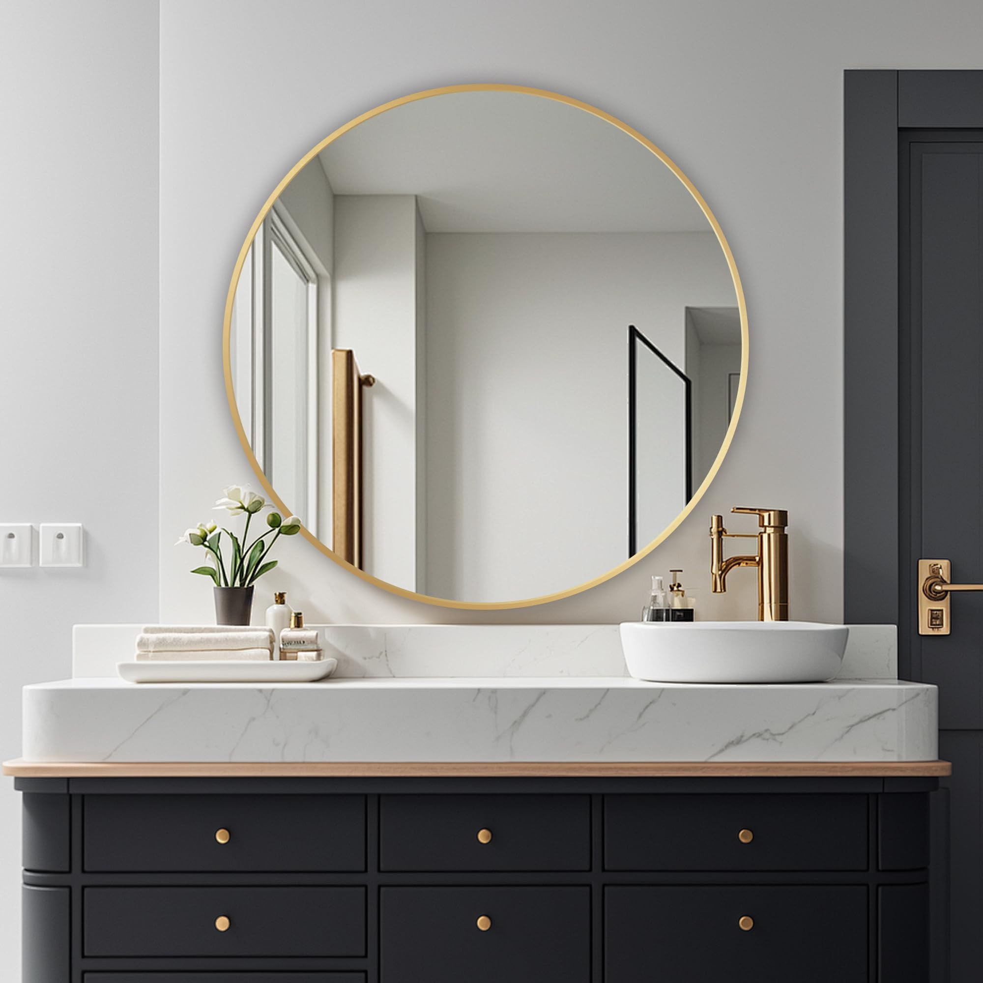 Round Mirror, Wall Mounted Circle Mirror with Brushed Metal Frame, Circular Mirrors for for Bathr... | Amazon (US)