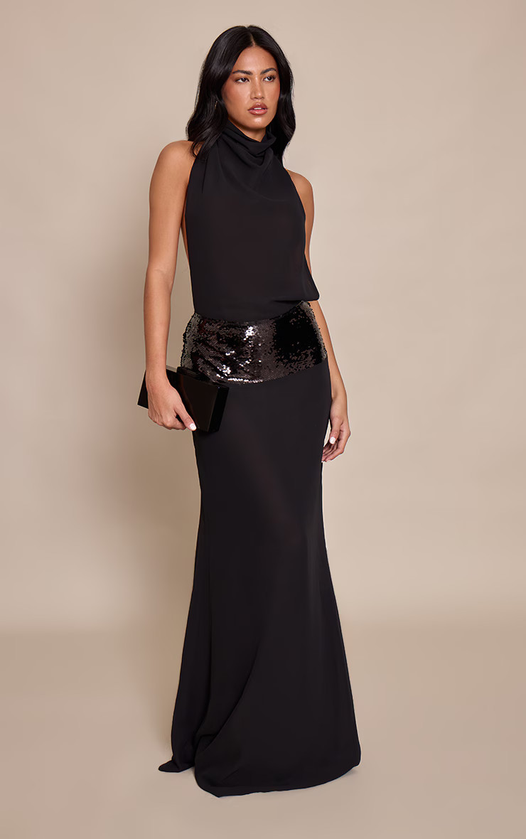Black Chiffon High Neck Cowl Sequin Panel Maxi Dress | Pretty Little Thing (Australia & New Zealand)
