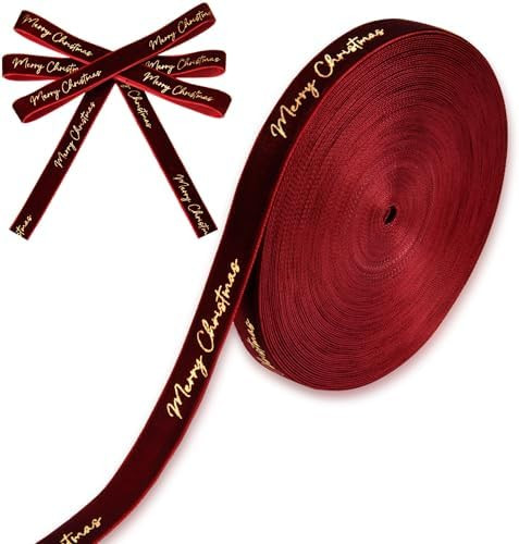 20 Yards Velvet Christmas Ribbon Roll with Gold Foil “Merry Christmas” Holiday Ribbon for Gif... | Amazon (US)
