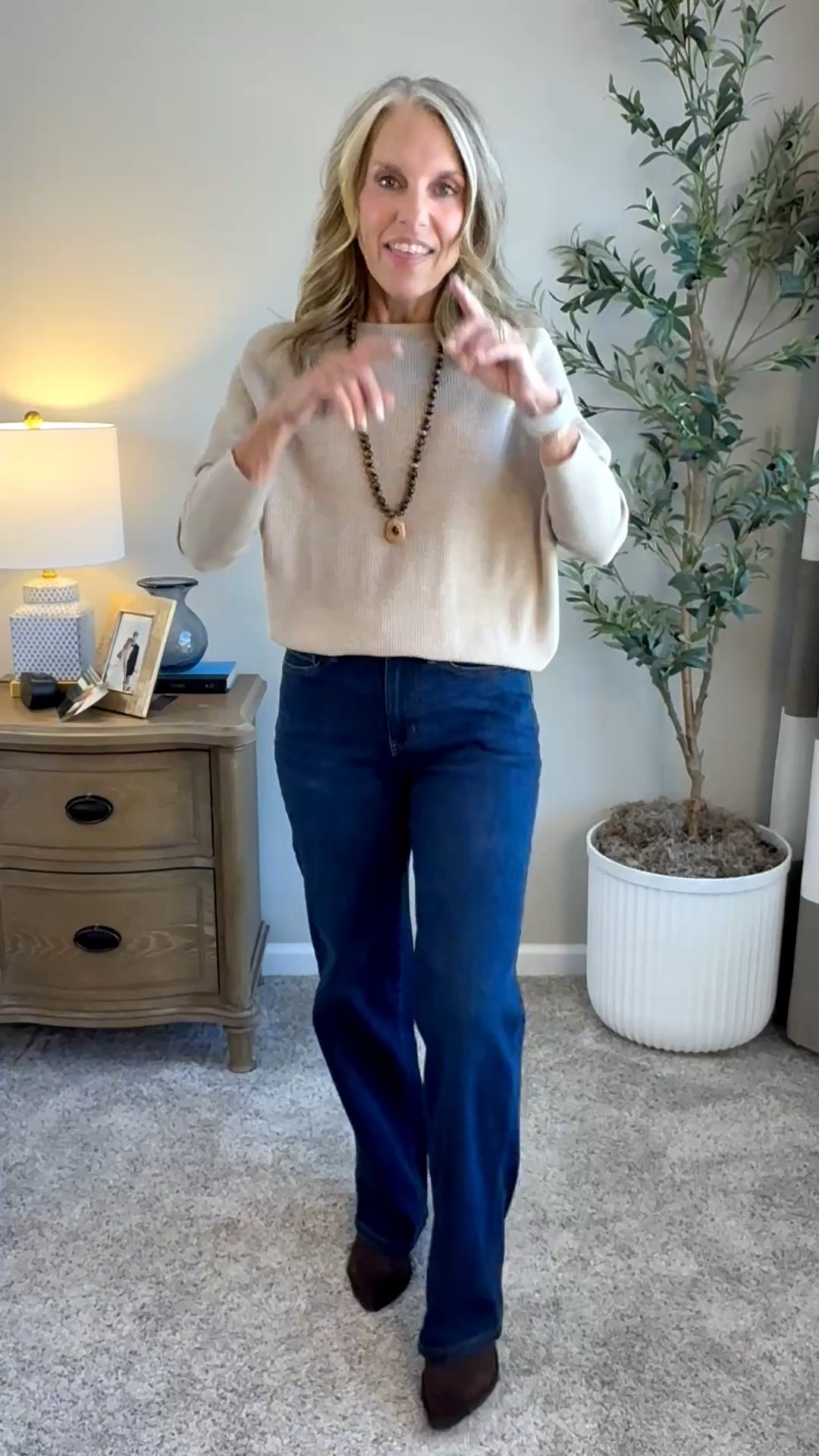 Fall uniform made simple. Wearing XS sweater and 4 jeans but would recommend sizing down