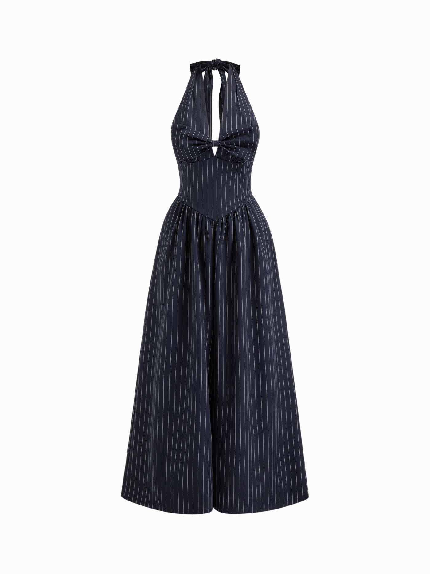 Woven Halter Neckline Stripe Bowknot Shirred Wide Leg Jumpsuit For Daily Casual | Cider