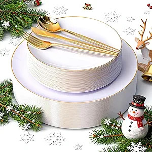 I00000 150PCS White and Gold Plastic Plates with Disposable Silverware for 30 Guests,White Plasti... | Amazon (US)