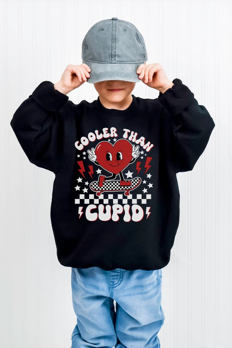 Valentines Day Shirt, for Boys, Cooler Than Cupid Sweatshirt, Valentine's Day Gift for Boy, Heart... | Etsy (US)