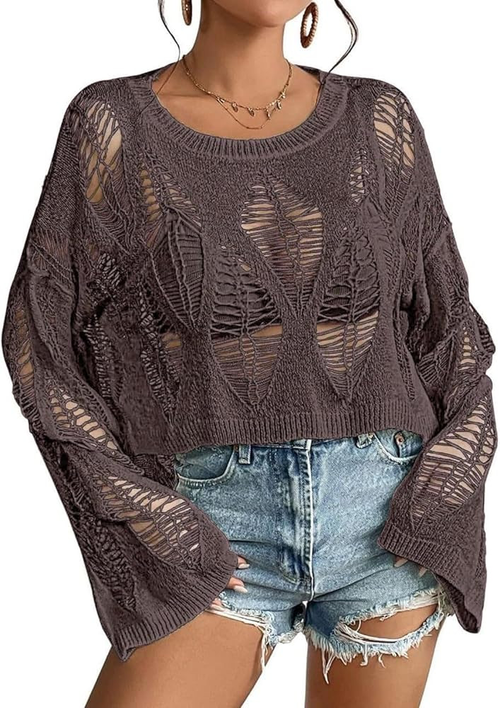 Womens Gothic Short Sweaters Oversized Punk Goth Sweater Long Bell Sleeve Knitting Crop Tops US S... | Amazon (US)