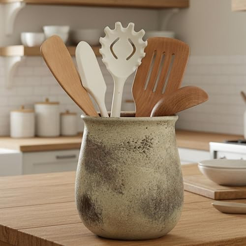 Jemirry 6.8" H Wide Mouth Large Capacity Rustic Utensil Holder for Kitchen Counter, Modern Farmhouse Cooking Utensil Crock and Holder Home Kitchen Decor, Vintage Ceramic Utensil Organizer | Amazon (US)
