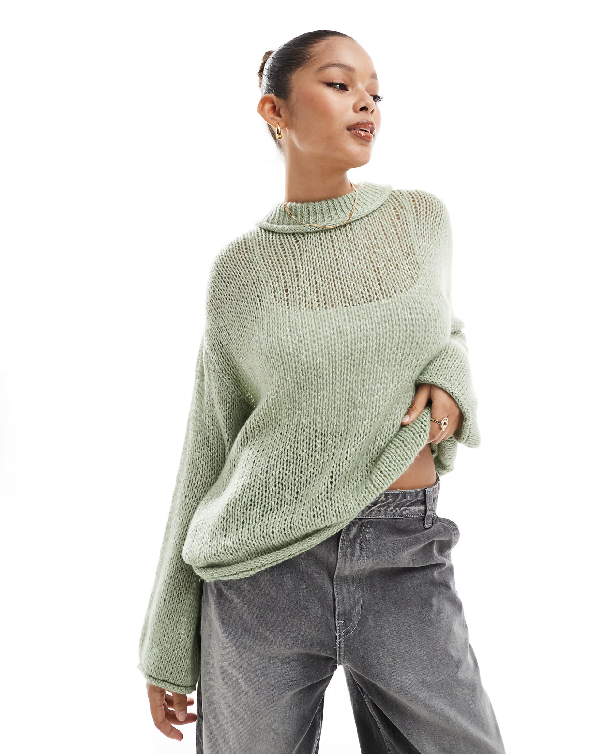 ASOS DESIGN loose knit crew neck jumper in green | ASOS (Global)
