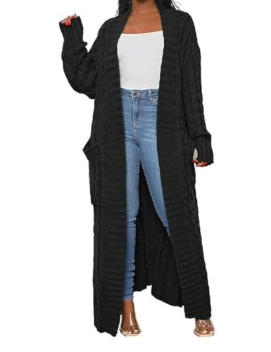 HRESSLBD Stylish Cable Knit Dual Pocket Long Cardigan, Women's Black Cardigan Sweater (S) | Amazon (US)