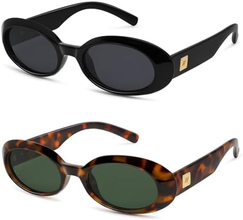 Retro Oval Sunglasses for Women Men Trendy Small 90s Style Vintage Skinny Narrow Frame 2-Pack | Amazon (US)