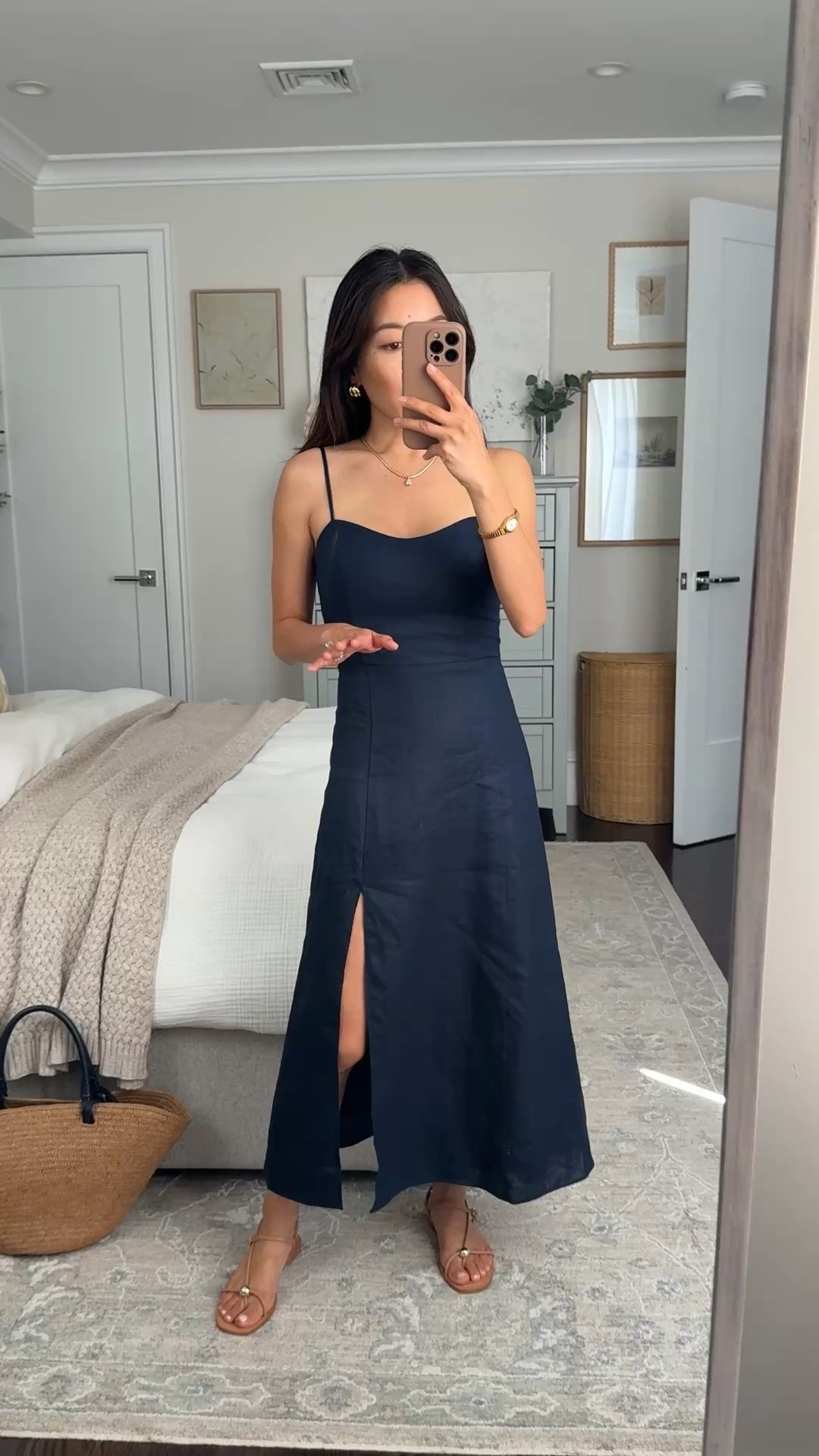 Aritzia sale month - log into your account to see if you can shop the private sale now, or the public sale will start later this month!
• trying on linen dress 00 this is pretty slim fit on me. I would size up if you’re between sizes in case of a little shrinkage when washing. 

@Aritzia #aritziapartner 
Navy dress, summer wedding event dress , classic petite style

#LTKPetite #LTKWedding