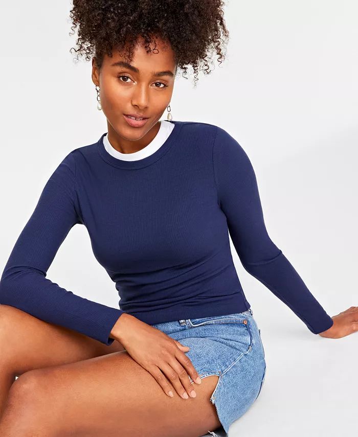 On 34th Women's Ribbed Long-Sleeve Crewneck Top, Created for Macy's - Macy's | Macy's