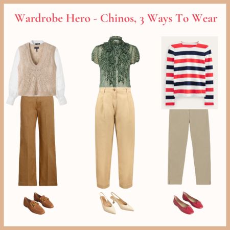 How to wear chinos. Knit vest, layering blouse, wide leg chinos, tan loafers, grill front blouse, kitten heel shoes, Breton stripe top, red ballet flats

#LTKover40 #LTKeurope #LTKstyletip