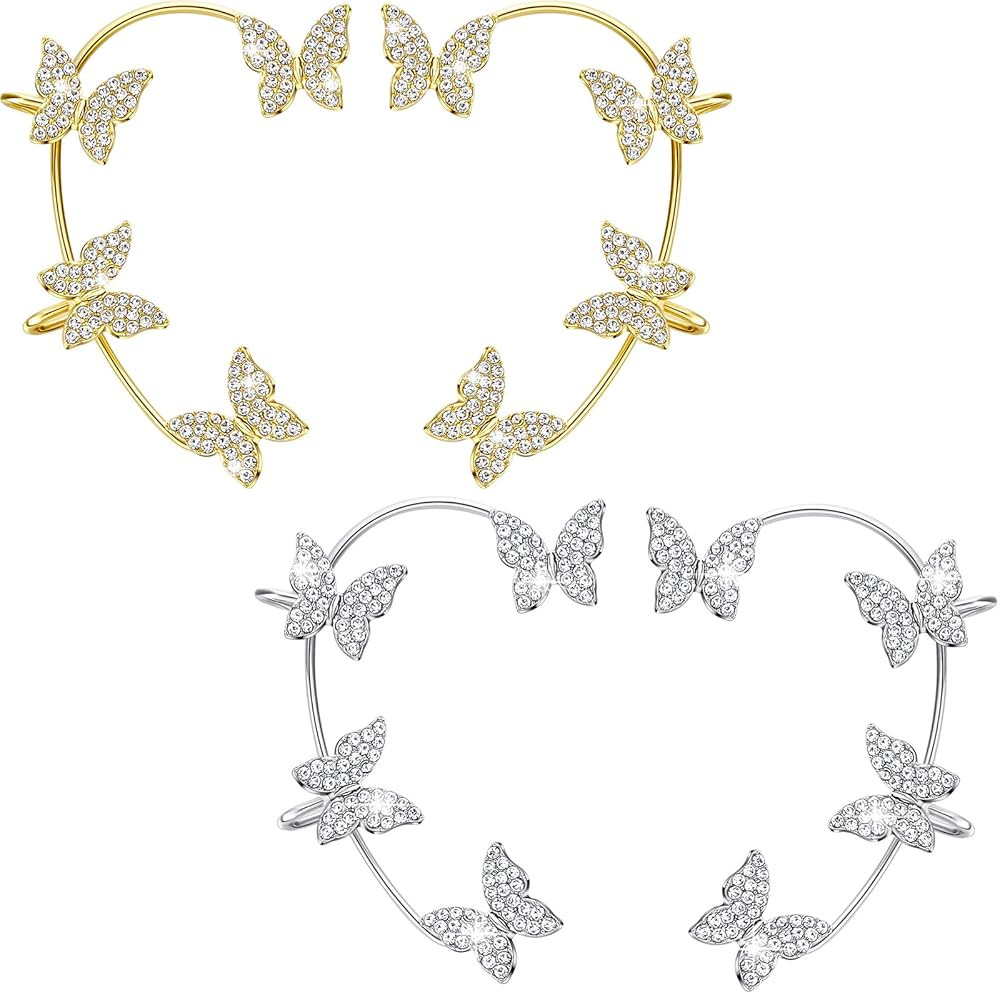 Bonuci 4 Pcs Butterfly Ear Cuff Earrings Glitter Rhinestone for Women Wrap Crawler No Piercing Bu... | Amazon (US)