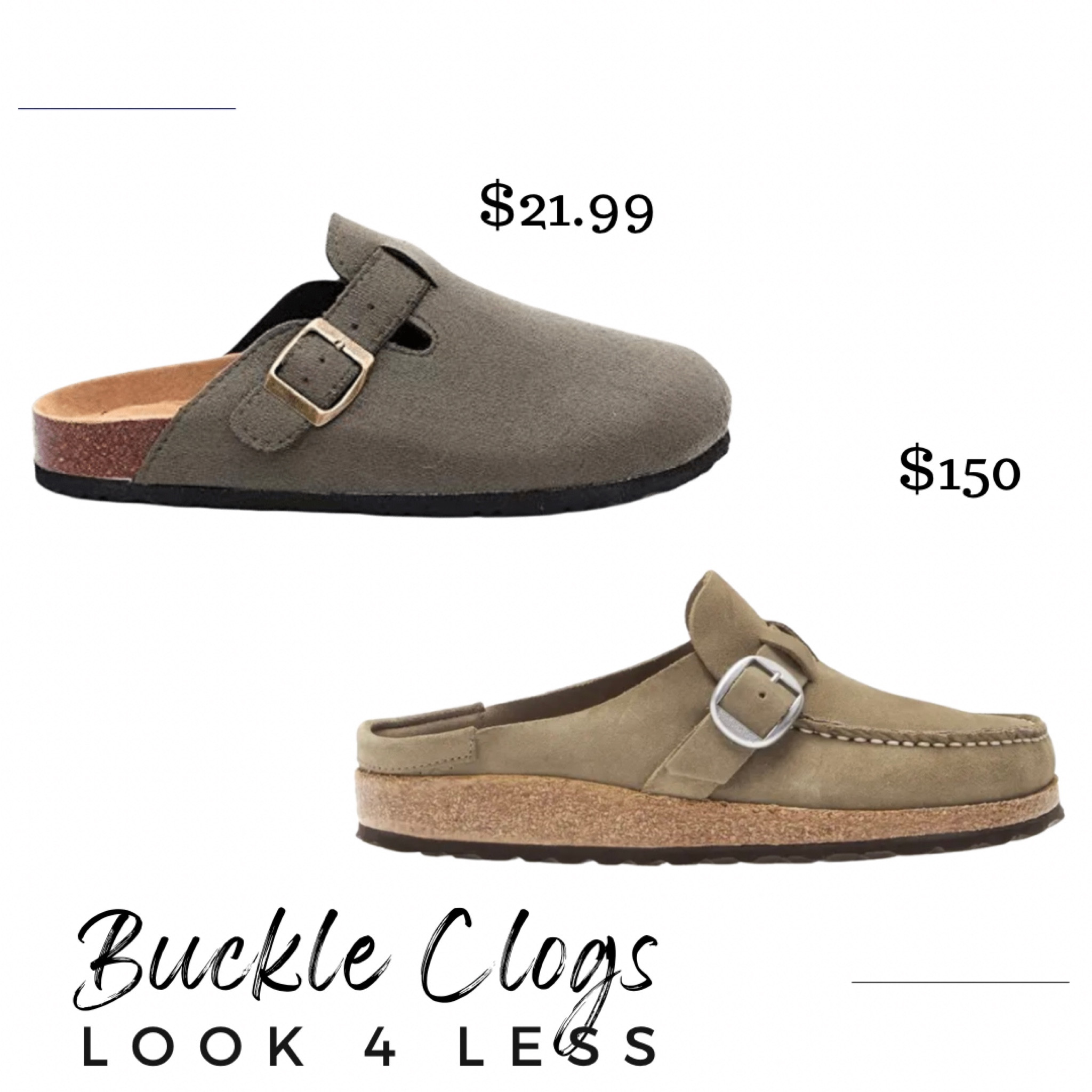 Look for less, dupes, Birkenstock, buckle clogs 

#LTKshoecrush #LTKSeasonal #LTKsalealert