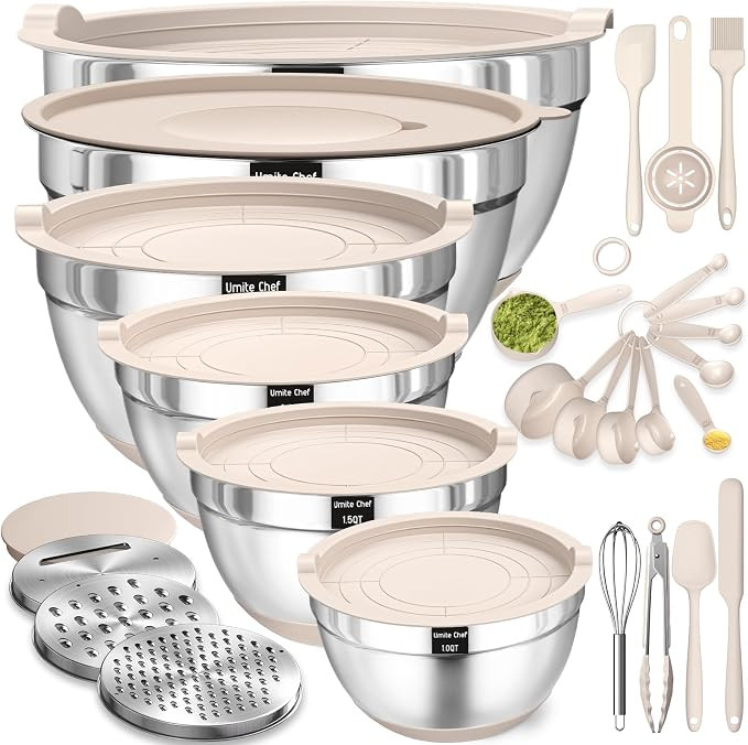 Mixing Bowls with Airtight Lids Set, 26PCS Stainless Steel Khaki Bowls with Grater Attachments, N... | Amazon (US)