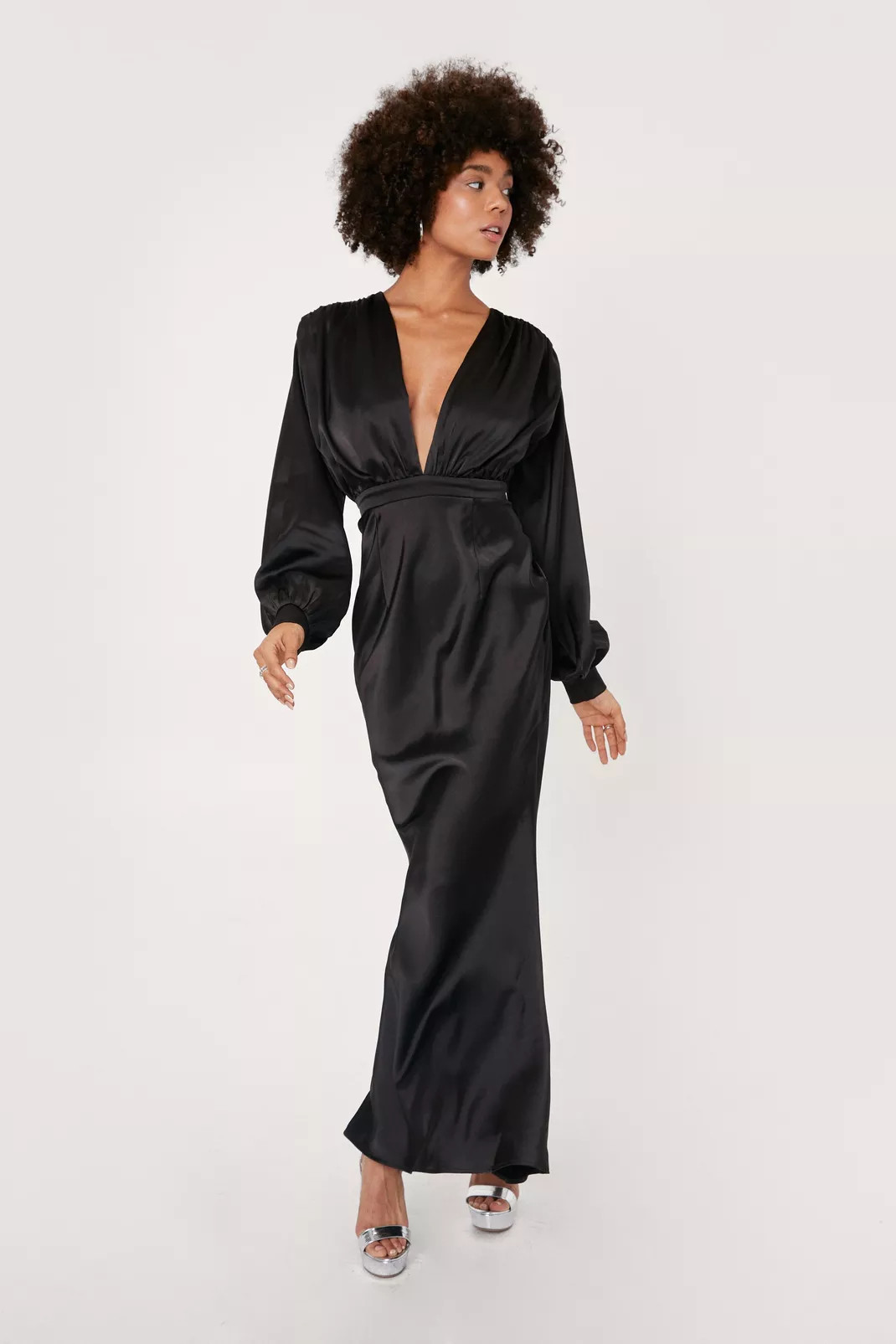 Satin Plunge Long Sleeve Maxi Dress | Nasty Gal (US)