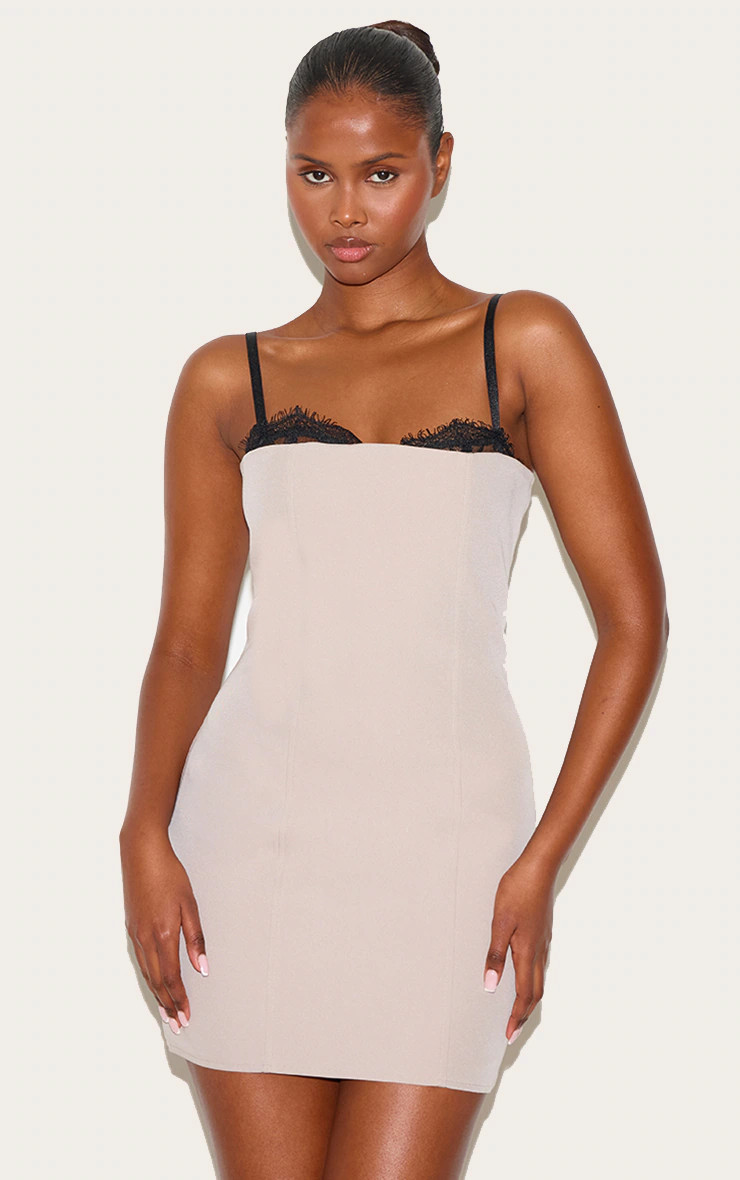 Taupe Lace Bust Detail Woven Bodycon Dress | Pretty Little Thing (Australia & New Zealand)
