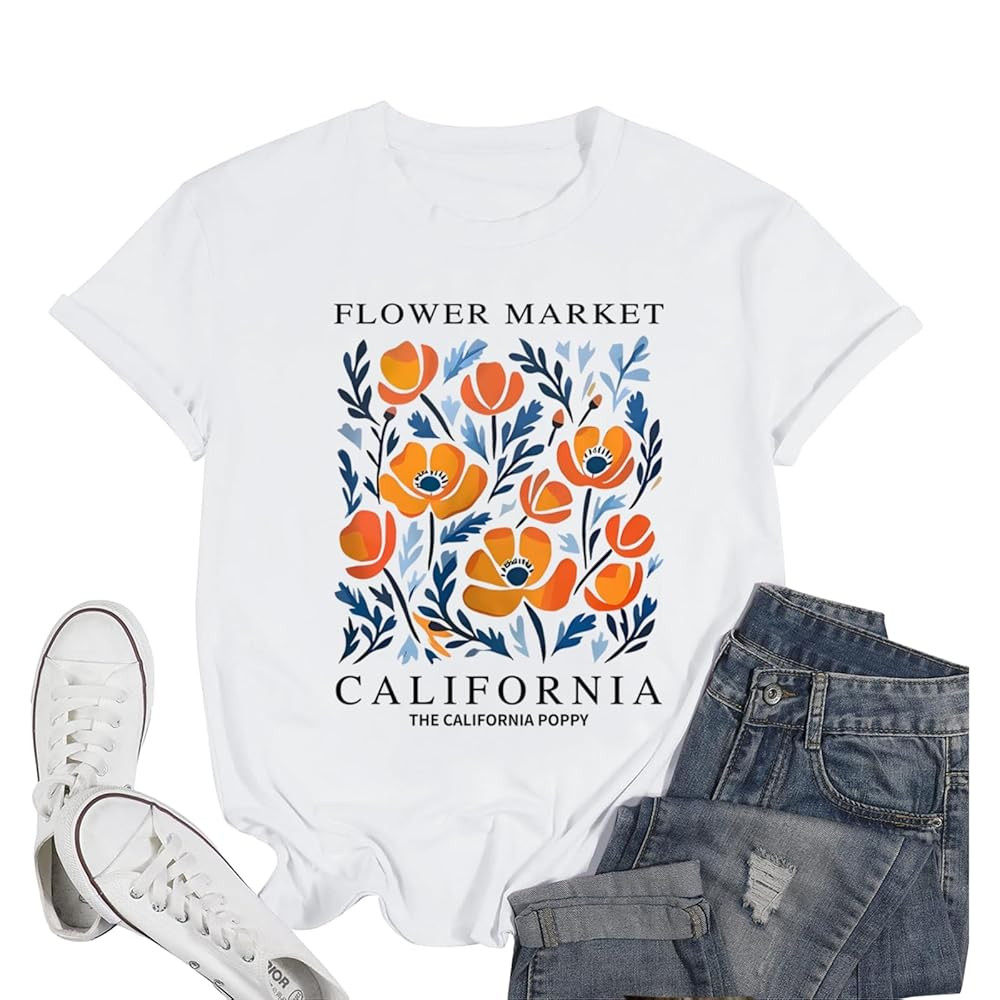 California Poppy Shirt Flower Boho Aesthetic Floral Shirts for Women Vintage Graphic Tees Wildflo... | Amazon (US)