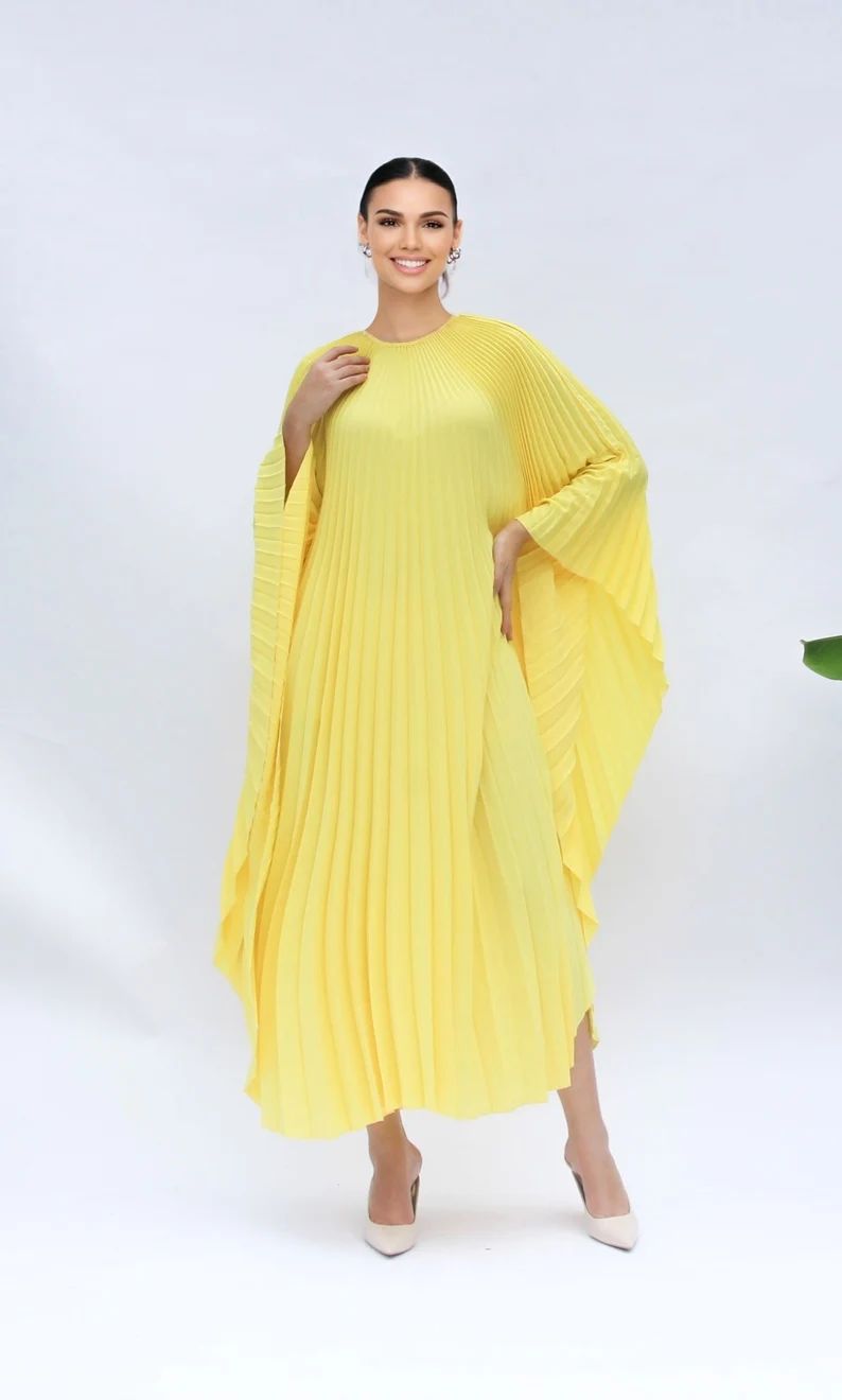 Yellow Kaftan Pleated Dress Vacation, Wedding Dress Caftan Pleated Stylist, Abaya Pleated Dress, ... | Etsy (US)