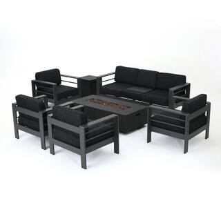 Noble House Cape Coral Grey 7-Piece Aluminum Outdoor Patio Fire Pit Seating Set with Dark Grey Cu... | The Home Depot