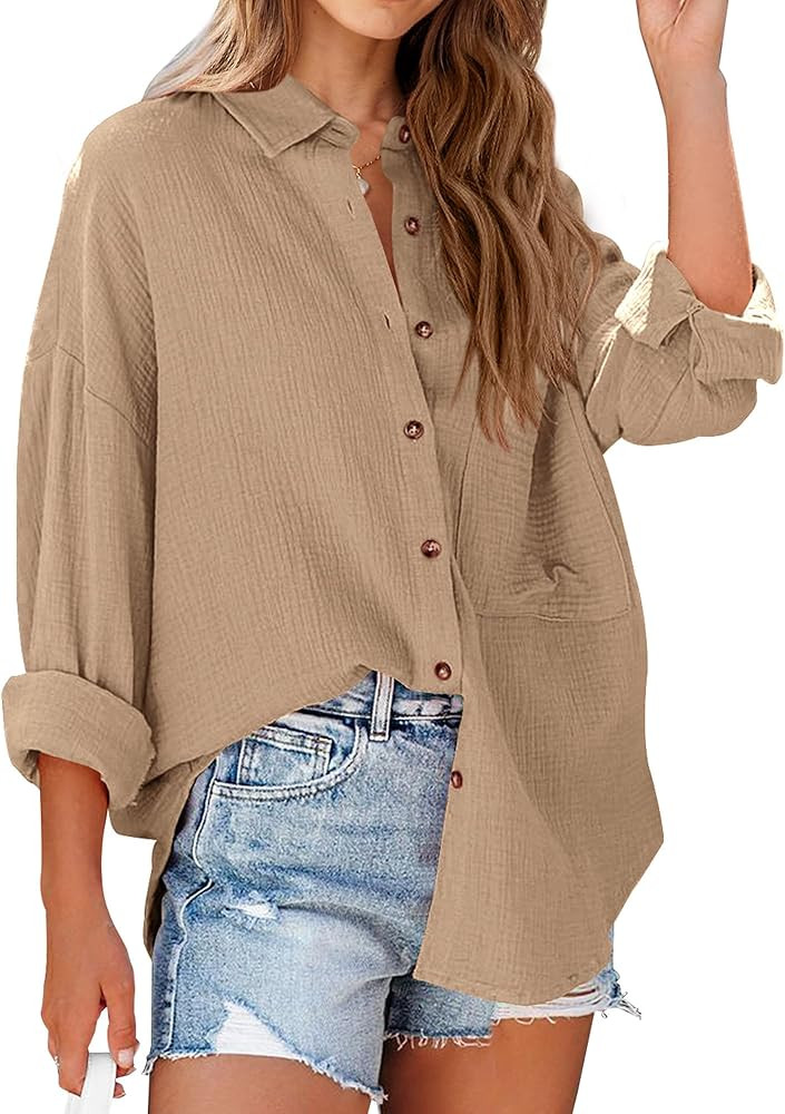 NOLLSOM Casual Shirts for Women Long Sleeve Button Down Blouses Spring 2026 Solid Color Trendy To... | Amazon (US)