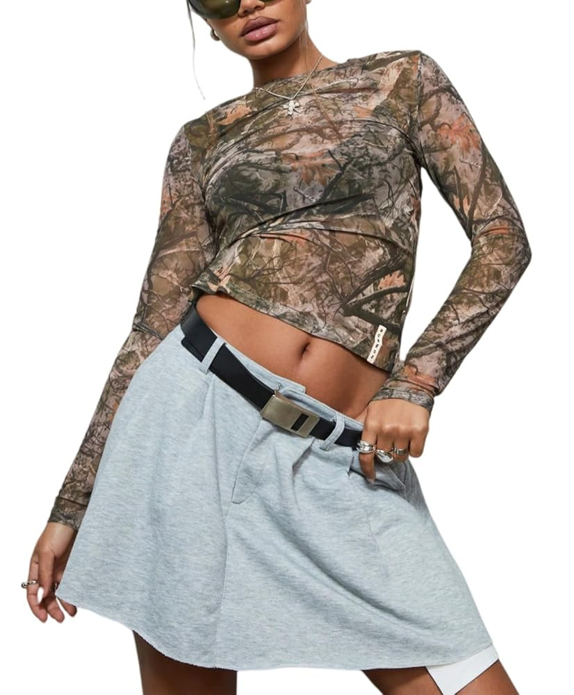 QJQ Women's Sheer Mesh Camo Print Tops Long Sleeve See Through Shirts Going Out Party Club Outfit... | Amazon (US)