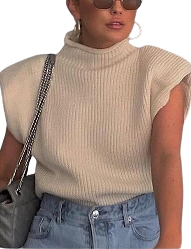 Himosyber Women's Solid Sleeveless Vest Elegant High Neck Stetchable Cap Sleeve Knit Sweater Tops | Amazon (US)