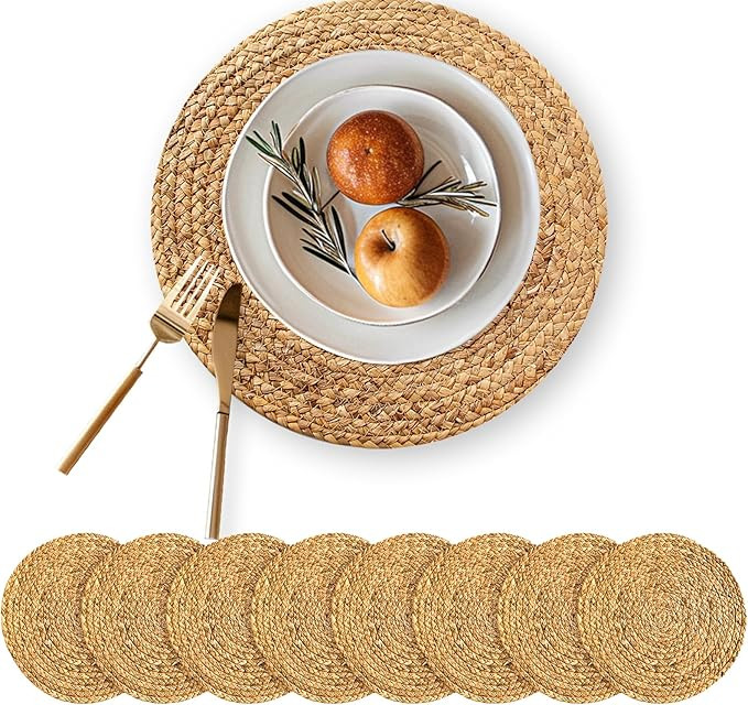 Round Woven Placemats Set of 8, 13.5 Inch Rattan Boho Place Mats Water Hyacinth Place Mats Farmho... | Amazon (US)