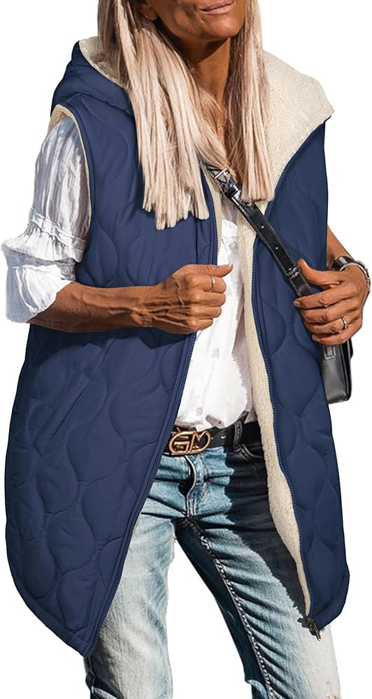 ECOWISH Women Long Puffer Vest: Fall Zip up Reversible Fleece Jacket 2025 Winter Warm Sleeveless ... | Amazon (US)