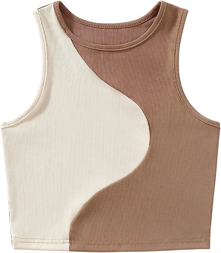 SweatyRocks Women's Summer Ribbed Knit Sleeveless Vest Color Block Crop Tank Top | Amazon (US)