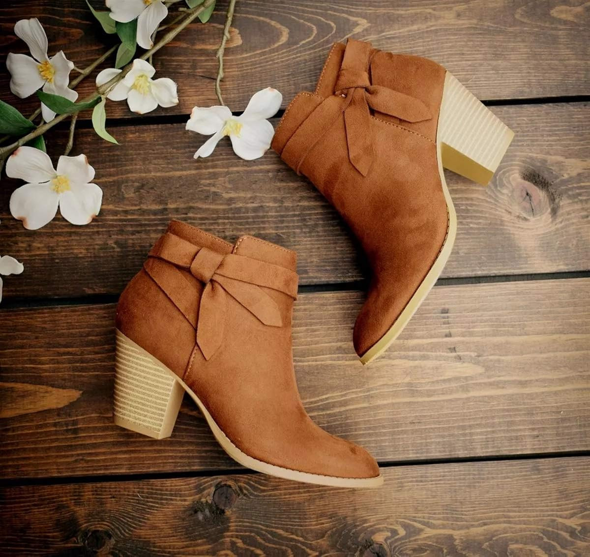 PiePieBuy Women's Tie Knot Chelsea Pump Ankle Boots Closed Toe Stacked Heel Booties Shoes | Amazon (US)