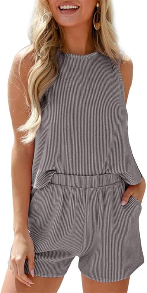 SHEWIN Two Piece Sets for Women 2024 Casual Summer Crewneck Striped Sleeveless Tops and Shorts Ro... | Amazon (US)