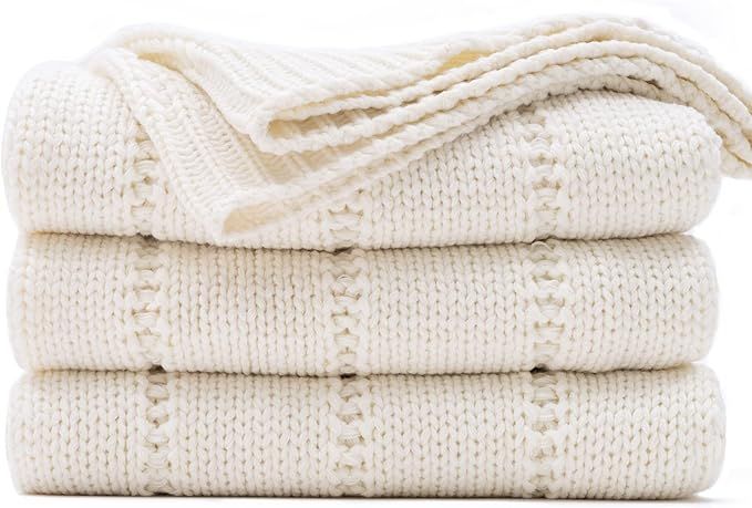 RECYCO Cable Knit Cream White Throw Blanket for Couch, Super Soft Warm Cozy Decorative Knitted Th... | Amazon (US)
