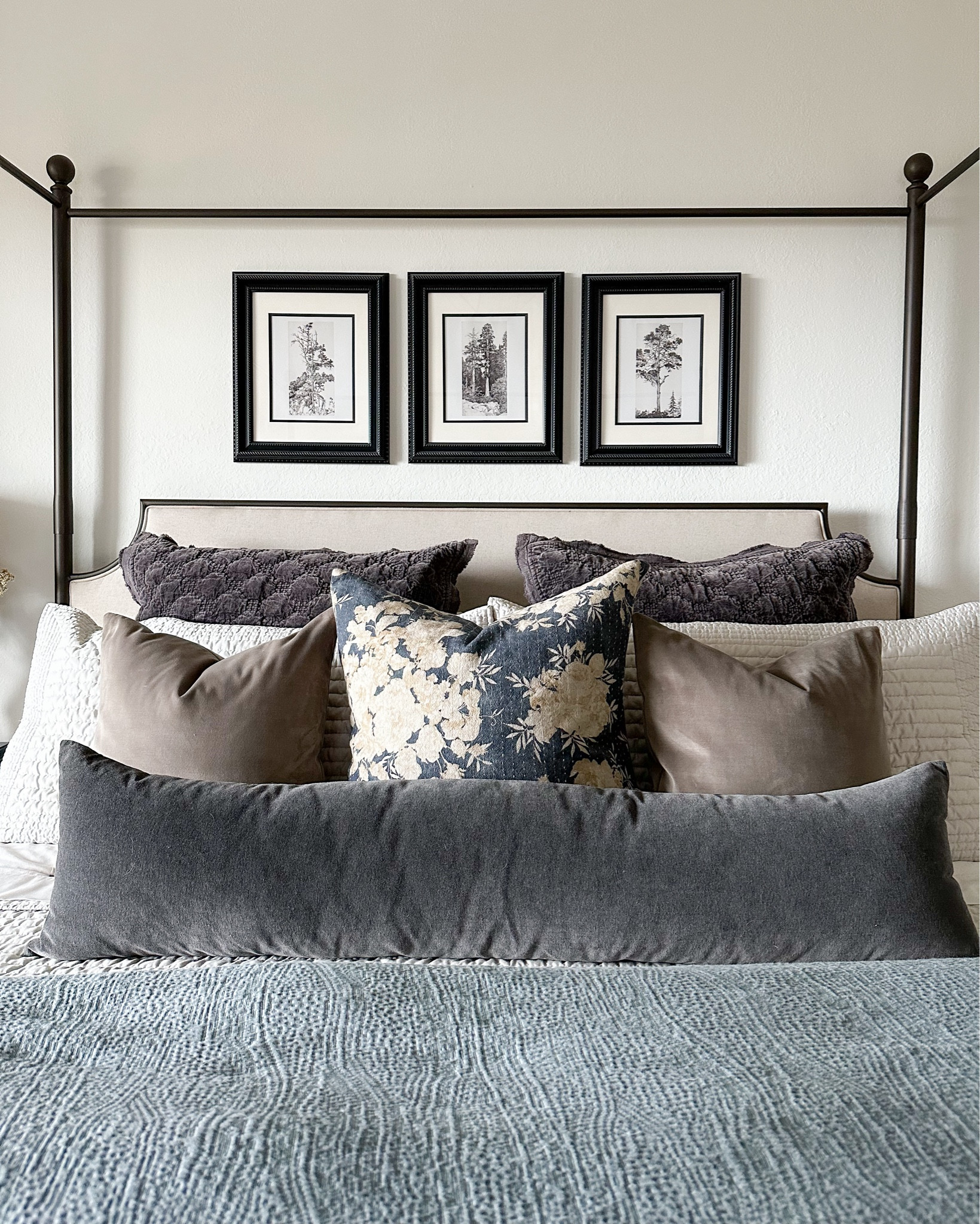 Bedroom pillow combination and fall artwork! Velvet accent pillows are 18x18 in Taupe, and the lumbar is the Slate in 12x46! Linked my favorite inserts I use as well!

#LTKFindsUnder50 #LTKHome #LTKStyleTip